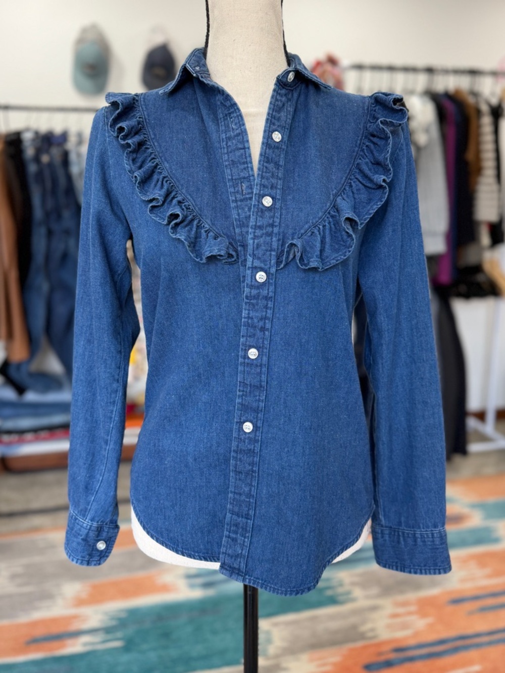 Vintage Lee Blue Denim Button-Down Ruffle Yoke Western Shirt Made in USA